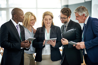 Buy stock photo Teamwork, discussion and tablet with business people in office for trading advice, partnership or investor. Stock market advisor, online broker and feedback with employees in agency for meeting