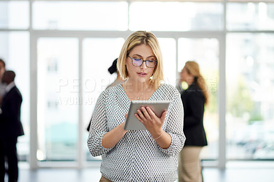 Buy stock photo Conference, break or businesswoman with tablet in lobby for seminar notes, event details or schedule. Global expo, keynote speaker and tech for live poll app, speech preparation or review information