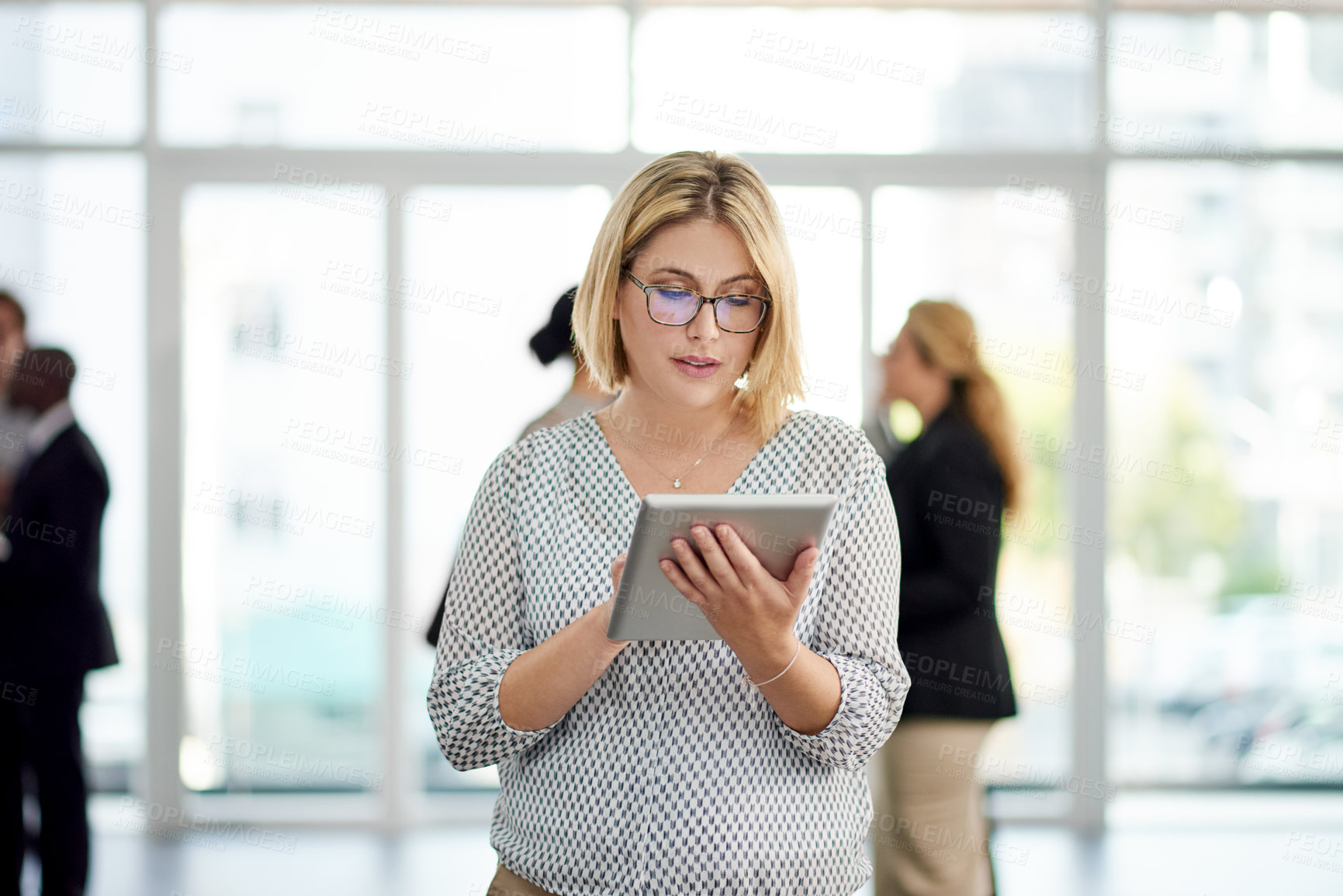 Buy stock photo Conference, break or businesswoman with tablet in lobby for seminar notes, event details or schedule. Global expo, keynote speaker and tech for live poll app, speech preparation or review information