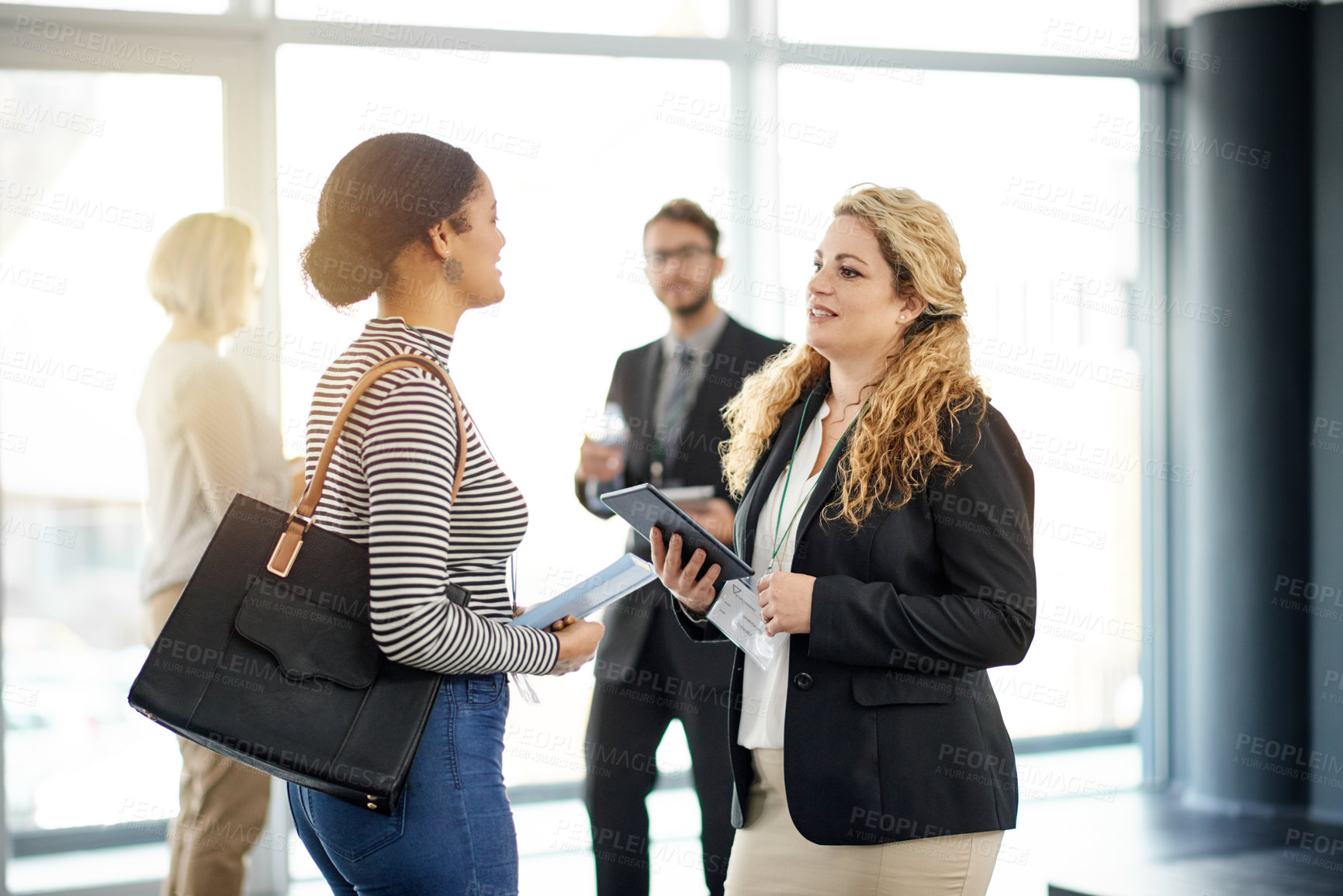 Buy stock photo Help, discussion and tablet with business people at Conference for tradeshow host, team and schedule. Convention guide, online agenda and event assistant with employees at seminar for meeting
