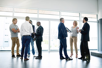 Buy stock photo People, business or networking in office with tech, collaboration or plan for rental opportunity. Estate agent, talking or showing in company with clipboard, retail and sale for commercial property.