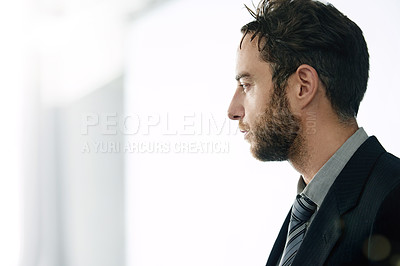 Buy stock photo Thinking, sad and business man in office with worry for job loss, unemployment and retrenchment. Corporate, space and person with disappointed, stress and reflection for mistake, crisis and failure