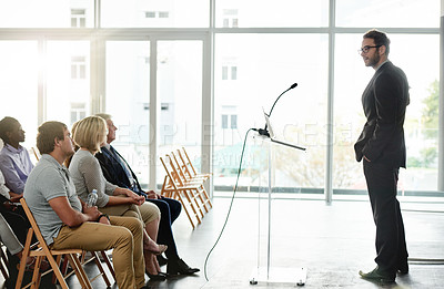 Buy stock photo Businessman, presentation and talk at seminar with audience, feedback and information at company. Person, leader and speaker on stage, discussion and speech with announcement at corporate conference