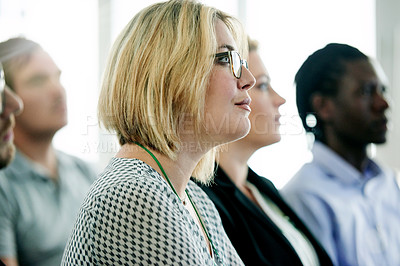 Buy stock photo Seminar, crowd and business woman in office for meeting, conference or discussion for training. Workshop, audience and group of professionals at convention for company policies or presentation