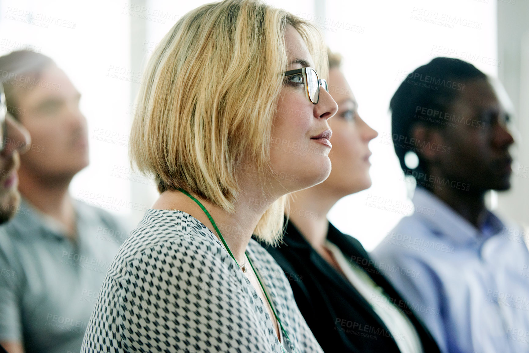 Buy stock photo Seminar, crowd and business woman in office for meeting, conference or discussion for training. Workshop, audience and group of professionals at convention for company policies or presentation