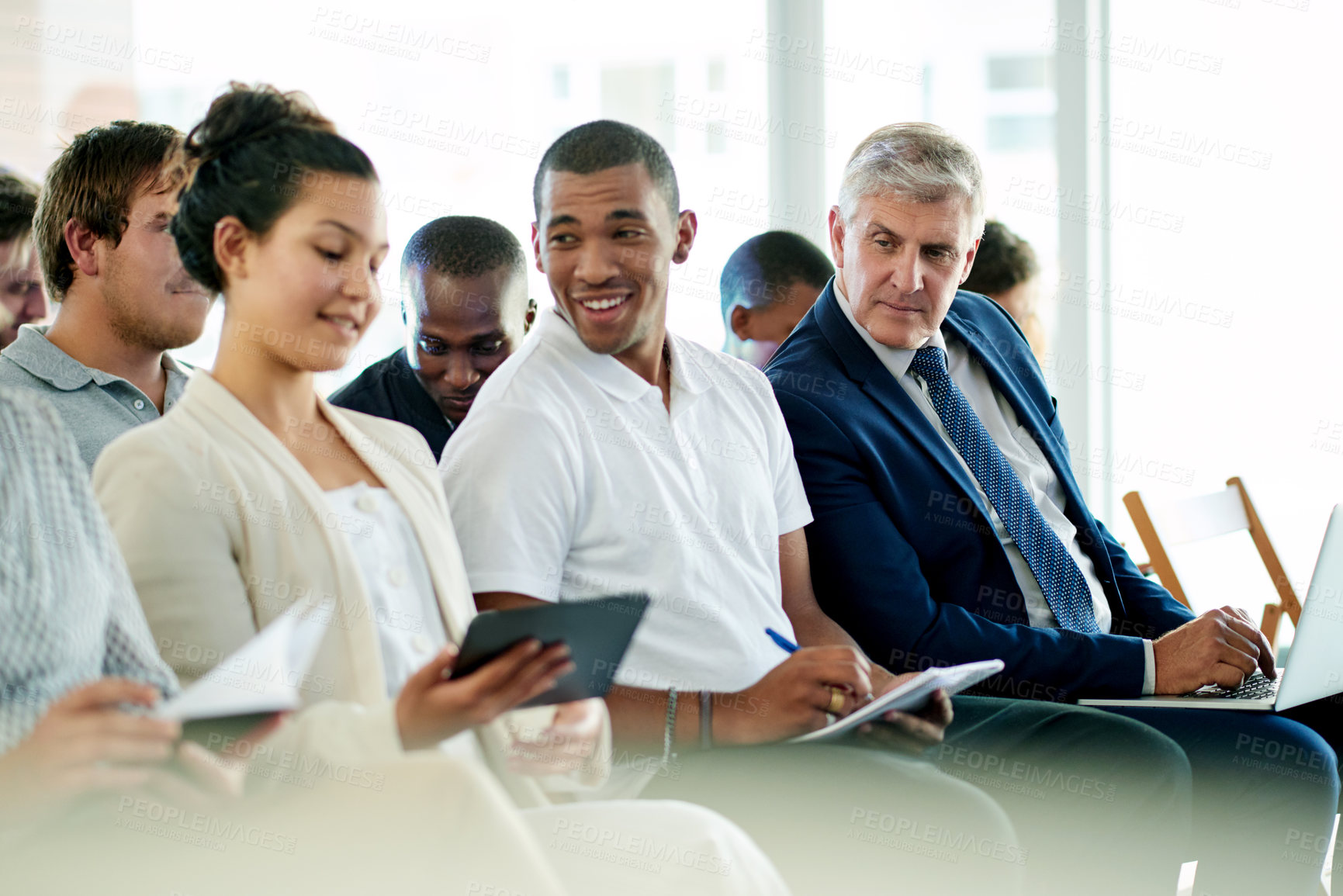 Buy stock photo Audience, business people and talk at conference with notes, training or presentation. Seminar, convention and happy group with chat in company workshop for idea, learning and writing in notebook