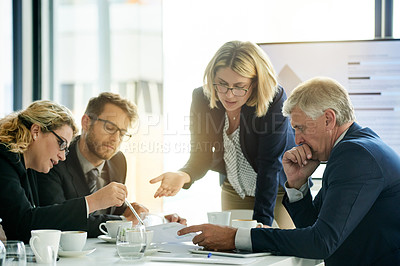 Buy stock photo Meeting, speaker and documents with business woman in office for financial data, audit team or report. Budget performance, treasury account and paperwork with employees in agency for investing profit