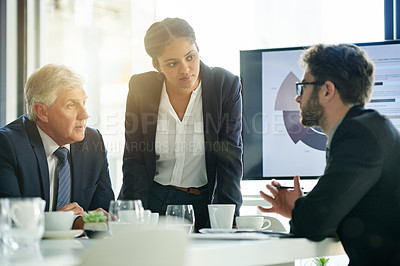Buy stock photo Coaching, business people and group planning with manager for investment data, trading or strategy. Meeting, office and team discussion for stock market presentation, financial analysis or training