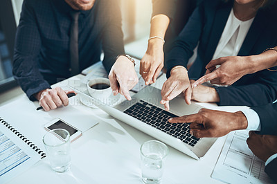 Buy stock photo Business people, hands and meeting with laptop in office for report, analysis or project review. Accounting, employees and feedback with tech for discussion, planning or proposal for brainstorming