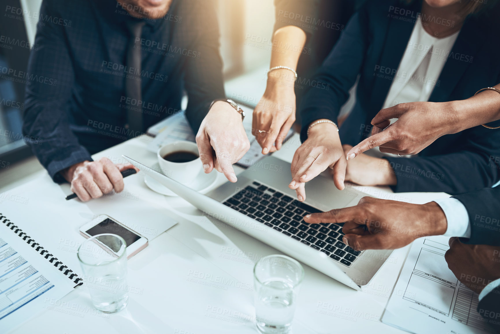 Buy stock photo Business people, hands and meeting with laptop in office for report, analysis or project review. Accounting, employees and feedback with tech for discussion, planning or proposal for brainstorming