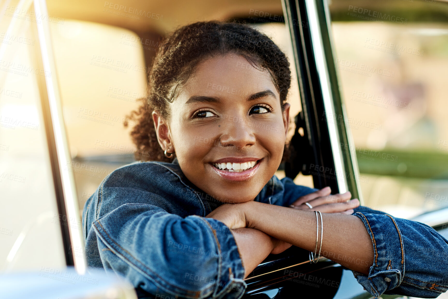 Buy stock photo Car, thinking and happy woman in window for road trip, adventure and journey in countryside. Smile, relax and African person in vehicle for holiday, vacation and travel for weekend getaway in nature