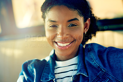 Buy stock photo Black woman, smile and portrait in car for road trip, vacation and tourism with confidence. African girl, person and happy in vehicle for transportation, holiday and excited for travel in Nigeria