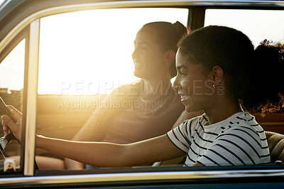 Buy stock photo Driving, women and friends in car, road trip and excited for adventure, getaway and summer vacation. Tourism, driver and people in vehicle for holiday, flare and happy for journey with transport