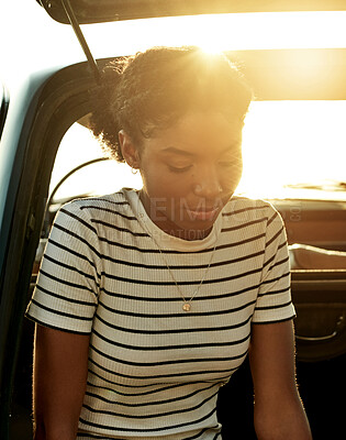 Buy stock photo Car, trunk or woman on road trip with thinking for journey reflection, travel adventure or sunlight. Flare, relax or thoughtful person in vehicle for weekend break, holiday getaway or vacation memory