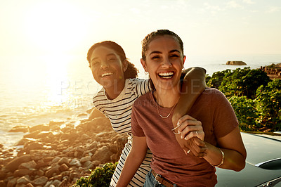 Buy stock photo Portrait, hug and women with car, road trip and bonding on adventure, transport and summer vacation. Tourism, friends and embrace on holiday with vehicle, getaway and laugh on weekend, ocean or flare