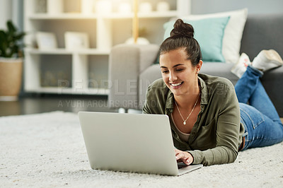 Buy stock photo Happy, woman and floor with laptop at house for research, browsing social media and reading ebook. Female person, relax and digital for surfing internet, streaming film and entertainment subscription