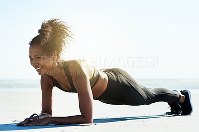 Buy stock photo Smile, athlete and plank with woman at beach for fitness, bodyweight exercise and core strength. Space, female person and body balance for pilates workout, strong muscles and endurance challenge