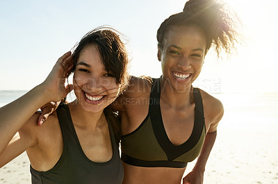 Buy stock photo Portrait, friends and athlete women on beach for fitness, running break and bonding together. Happy, people and hug with flare for exercise support, sports training and workout recovery for wellness