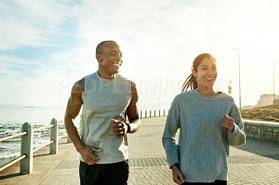 Buy stock photo Outdoor, couple and training with running for fitness, cardiovascular health and wellness with exercise. Promenade, man and woman with sports for marathon challenge, endurance and happy with energy