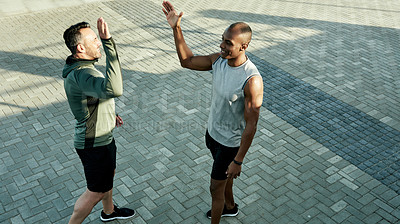 Buy stock photo High five, smile and celebration for friends, workout and personal trainer with motivation for client. Outdoor, above and people with gesture for accomplishment, thank you and success for fitness