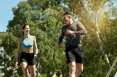 Buy stock photo Fitness, man and woman in park for training, wellness and endurance exercise. Athlete, couple and running challenge with workout, physical health and resilience for summer and cardio together