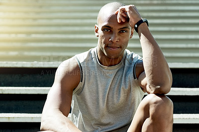 Buy stock photo Man, portrait and exercise on steps in city for health, sports and confidence with training outdoor. Male athlete, black person and fitness on stairs, healthy and active for wellness in Ghana