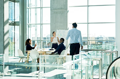 Buy stock photo Presentation, meeting and advice with business people in office for discussion, planning and project management. Collaboration, teamwork and woman with whiteboard for brainstorming, report or review