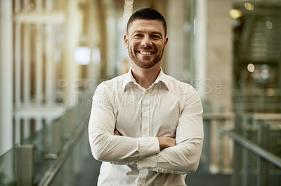 Buy stock photo Arms crossed, business man and portrait in office for career or upskill development. Convention centre, confidence and person with smile for employee seminar, opportunity or consultant conference
