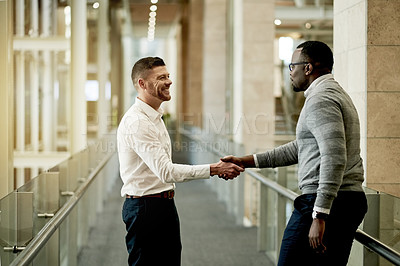 Buy stock photo Business, handshake and men in office, partnership and investment contract with cooperation. People, shaking hands and meeting with agreement, b2b deal and hello with thank you, greeting and welcome