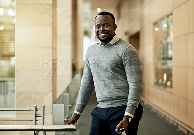 Buy stock photo Smile, black man and portrait in office for business or upskill development. Convention center, career confidence and person in lobby for employee seminar, opportunity or consultant conference