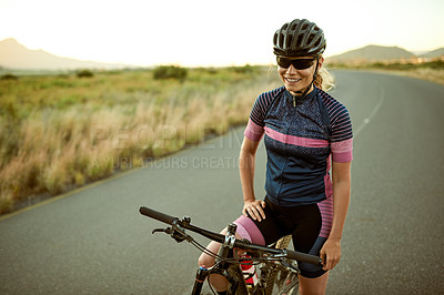 Buy stock photo Cycling, happy and woman with bicycle in nature for exercise, workout and fitness outdoor. Sports, cyclist safety and person with smile on bike for adventure, travel and training for competition