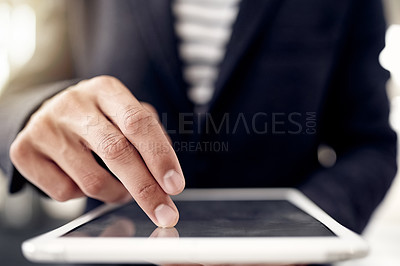 Buy stock photo Hands, review or lawyer with tablet in company for research, consulting advice or feedback. Closeup, person or attorney with touchscreen in office with legal advisor, app or report for court case