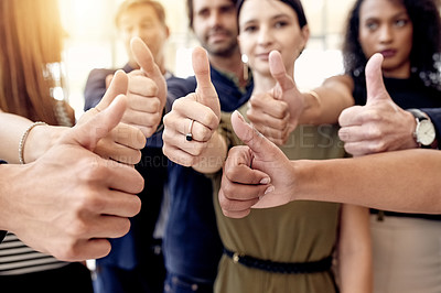 Buy stock photo Hands, review or business people with thumbs up in startup for diversity, good job or well done. Group, staff or employees in meeting with teamwork, support or yes sign for skills growth or success