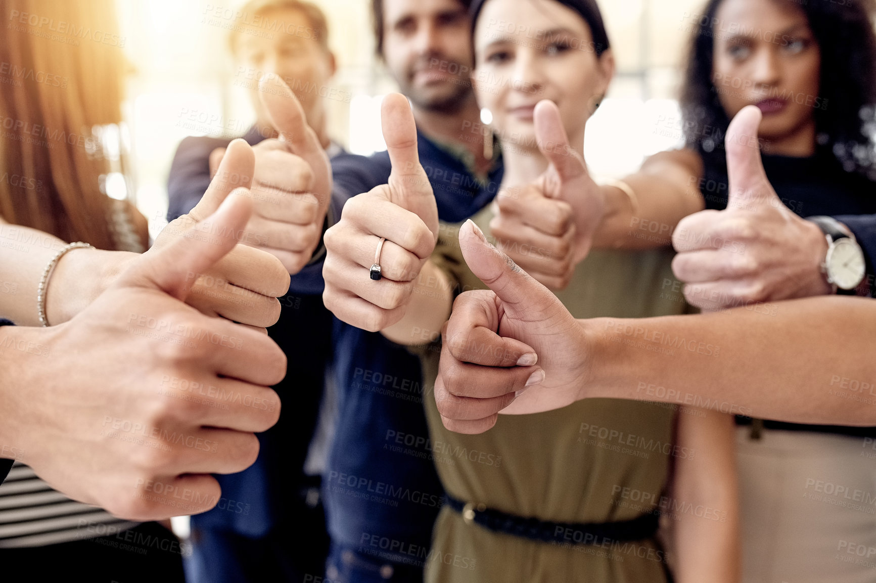 Buy stock photo Hands, review or business people with thumbs up in startup for diversity, good job or well done. Group, staff or employees in meeting with teamwork, support or yes sign for skills growth or success