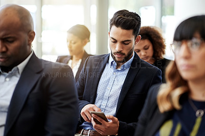 Buy stock photo Man, phone and business people at conference, workshop or thinking for seminar event. Audience, information and technology with crowd, proposal and b2b support for presentation or pitch at convention