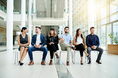 Buy stock photo Interview, waiting or people in lobby for hiring, appointment or human resources in office. Group, hire or applicants in line for recruitment process, employment search or job application opportunity