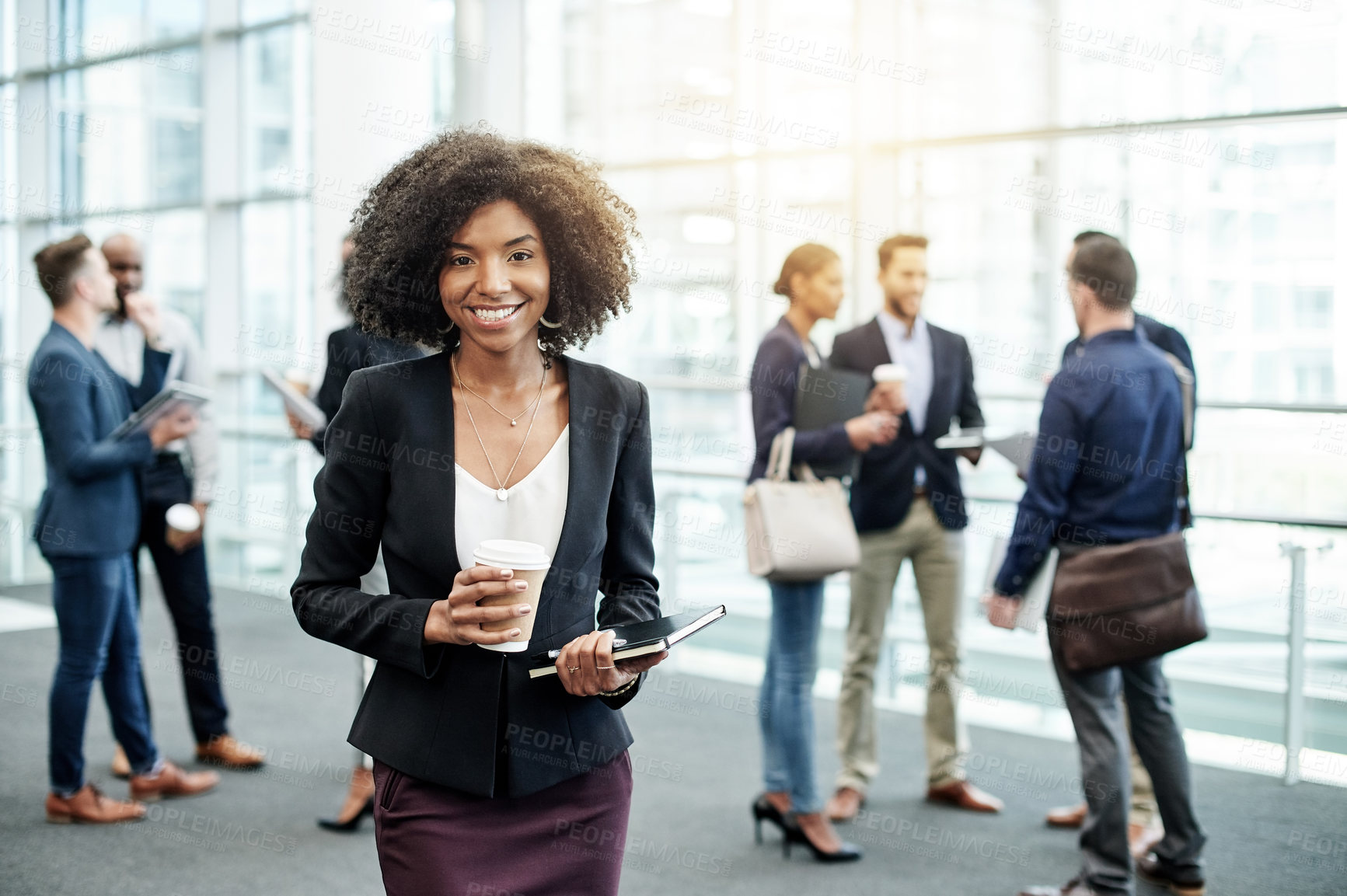 Buy stock photo Business, conference and woman with coffee in lobby for seminar break, workshop and global expo. Corporate, portrait and person with notebook at international summit for career development or upskill