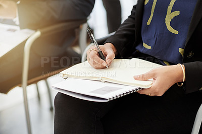 Buy stock photo Hands, person and writing in notebook in meeting for schedule update, agenda and proposal. People, speaker notes and paperwork for business training, seminar presentation and information at workshop