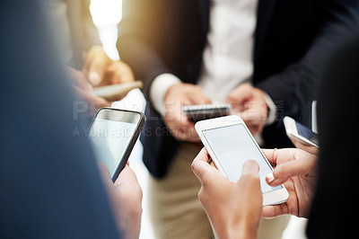 Buy stock photo Business people, hands or network with phone for data sync, connection or online platform in office. Group, employees or circle with team on mobile smartphone for social media, web or sharing app