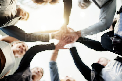 Buy stock photo Stack of hands, teamwork and business people in circle in office with solidarity, unity or group. Partnership, professional and corporate employees in collaboration with support at meeting from below