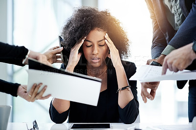 Buy stock photo Woman, headache and stress with chaos in office for multitasking, paperwork and work pressure. Overwhelmed, female person and workload burnout with migraine document signature and time management