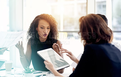 Buy stock photo Business, people and talking with tablet in office for planning, legal compliance and proposal. Women, lawyer and digital information for settlement, court case and team feedback for trial procedure