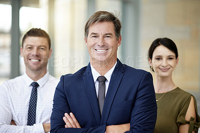 Buy stock photo Portrait, recruitment and business team with arms crossed, about us and we are hiring for agency. Talent acquisition, join us and confident people with manager at work, job opportunity and leadership