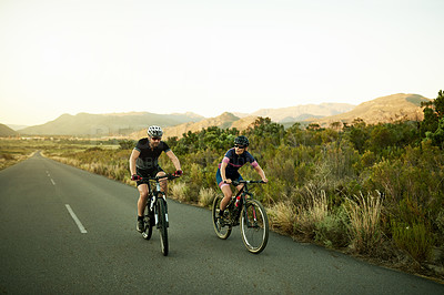 Buy stock photo Active, ride and couple with bicycle, nature or cycling for wellness, fitness and helmet for safety. Healthy, athlete and people with eco friendly transport, travel and adventure with bike or outdoor