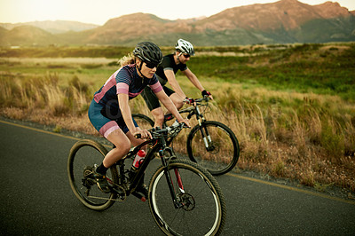 Buy stock photo Sports, cycling and travel with couple in nature for race team, bike athlete or cardio workout. Triathlon training, adventure and bicycle with man and woman on countryside road for health and fitness