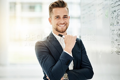 Buy stock photo Portrait, whiteboard and man in office, smile and equation for profit increase. Person, investment or employee in workplace, problem solving or solution for revenue growth, ideas and sales analysis