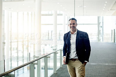 Buy stock photo Business, laptop and portrait of man in lobby of convention center for seminar or symposium. Computer, expo and tradeshow with mature employee at conference for development, event or workshop