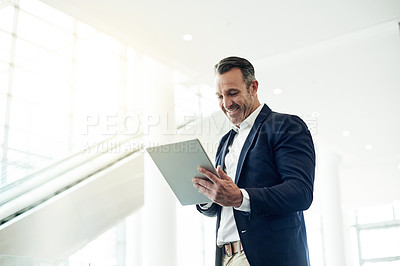 Buy stock photo Happy, man and research with tablet, office and analysis of stock market and investment opportunity. Business, trader and mature person with tech for economic growth on web, space and smile for info