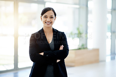 Buy stock photo Portrait, confidence and business woman in office as financial consultant with pride. Happy employee, professional or investment advisor with arms crossed for career opportunity, about us or ambition