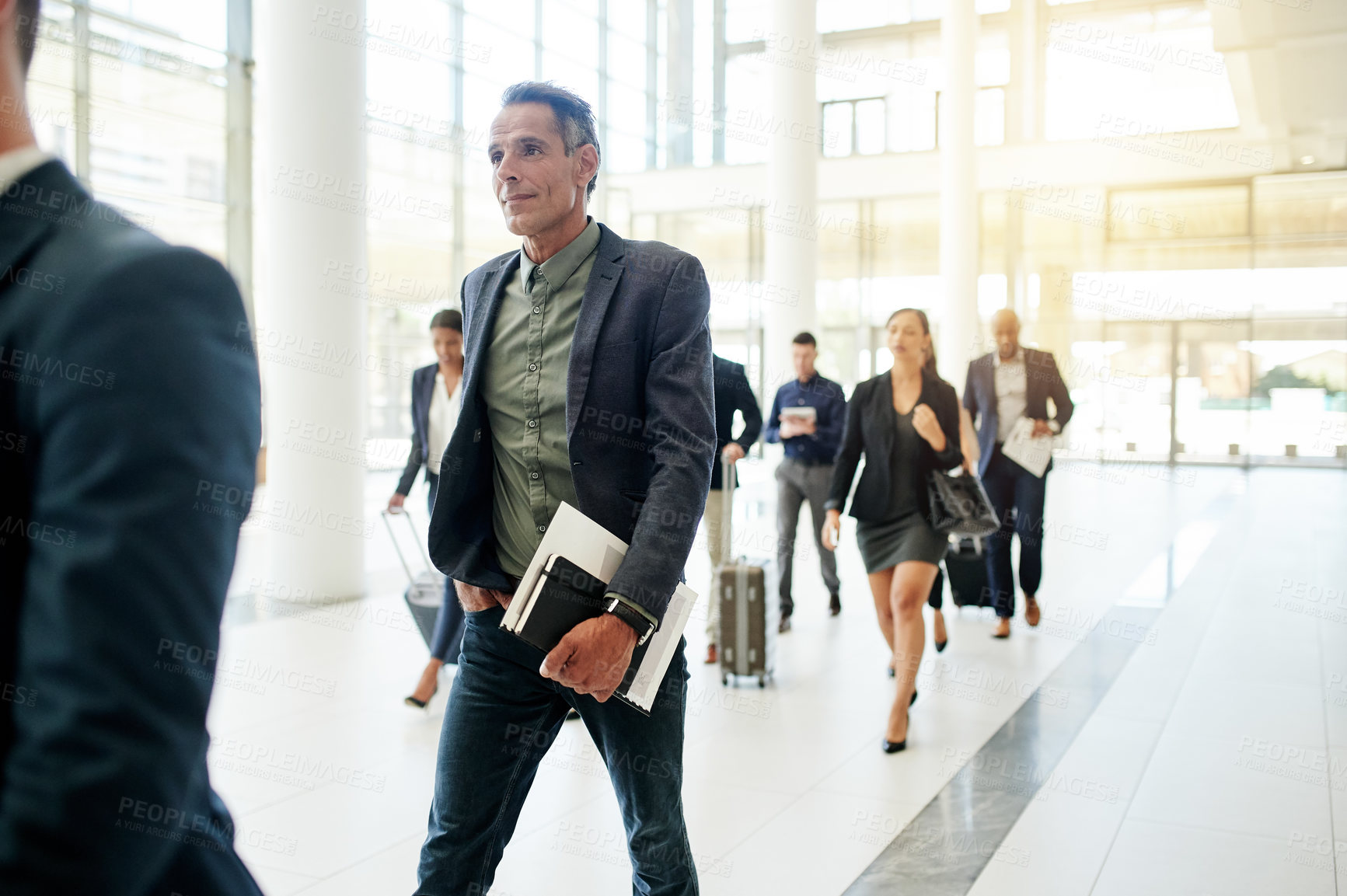 Buy stock photo Mature, appointment or businessman in lobby for walking, corporate career or schedule. Company, travel or employees with notebook diary in busy office of professional workplace for job or commute